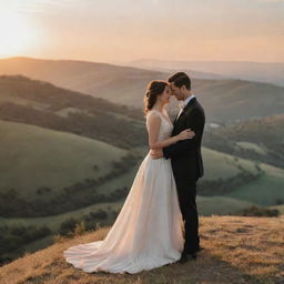 A loving couple standing on a hilltop, with a breathtaking backdrop of the landscape below, swept by the soft glow of sunset.