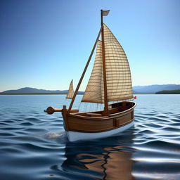 A whimsical bathtub boat with a sturdy sail, navigating through crystal-clear waters, surrounded by gentle waves and a clear sky.