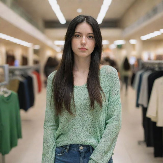 photo shot by sony alpha ii and sony fe 200, a full body woman, in shoping mall watching clothes,23 year old with green eyes and black long hair.,freckles, moda clothes, ultra realist, 4k hd, ultra detailed, natural light,  --style raw--v 5.2,