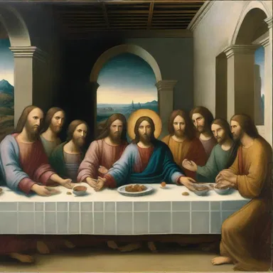 In the painting of the Last Supper, Jesus and his disciples are depicted around a table, with the sensible horizon visible through the windows in the background.
