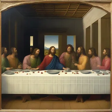 In the painting of the Last Supper, Jesus and his disciples are depicted around a table, with the sensible horizon visible through the windows in the background.