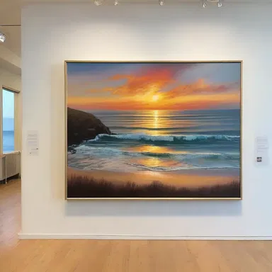 The landscape painting displayed in the gallery captures the stunning beauty of the sensible horizon as the sun sets over the ocean.
