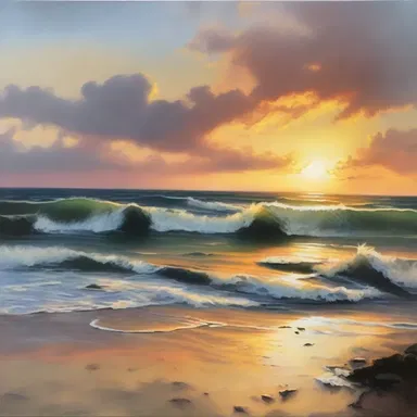 The landscape painting displayed in the gallery captures the stunning beauty of the sensible horizon as the sun sets over the ocean.