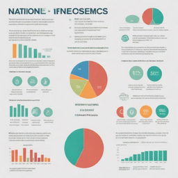 An infographic showcasing various elements of national income in the field of economics. Include bar graphs, pie charts, dollar bills, and population icon.