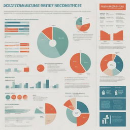 An infographic showcasing various elements of national income in the field of economics. Include bar graphs, pie charts, dollar bills, and population icon.