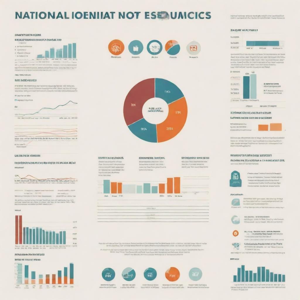 An infographic showcasing various elements of national income in the field of economics. Include bar graphs, pie charts, dollar bills, and population icon.