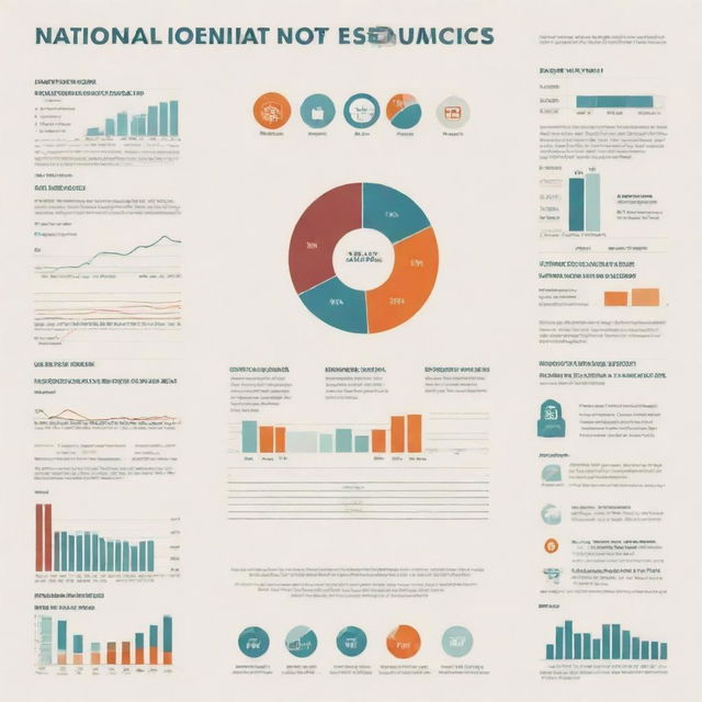 An infographic showcasing various elements of national income in the field of economics. Include bar graphs, pie charts, dollar bills, and population icon.