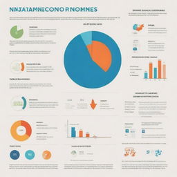 An infographic showcasing various elements of national income in the field of economics. Include bar graphs, pie charts, dollar bills, and population icon.