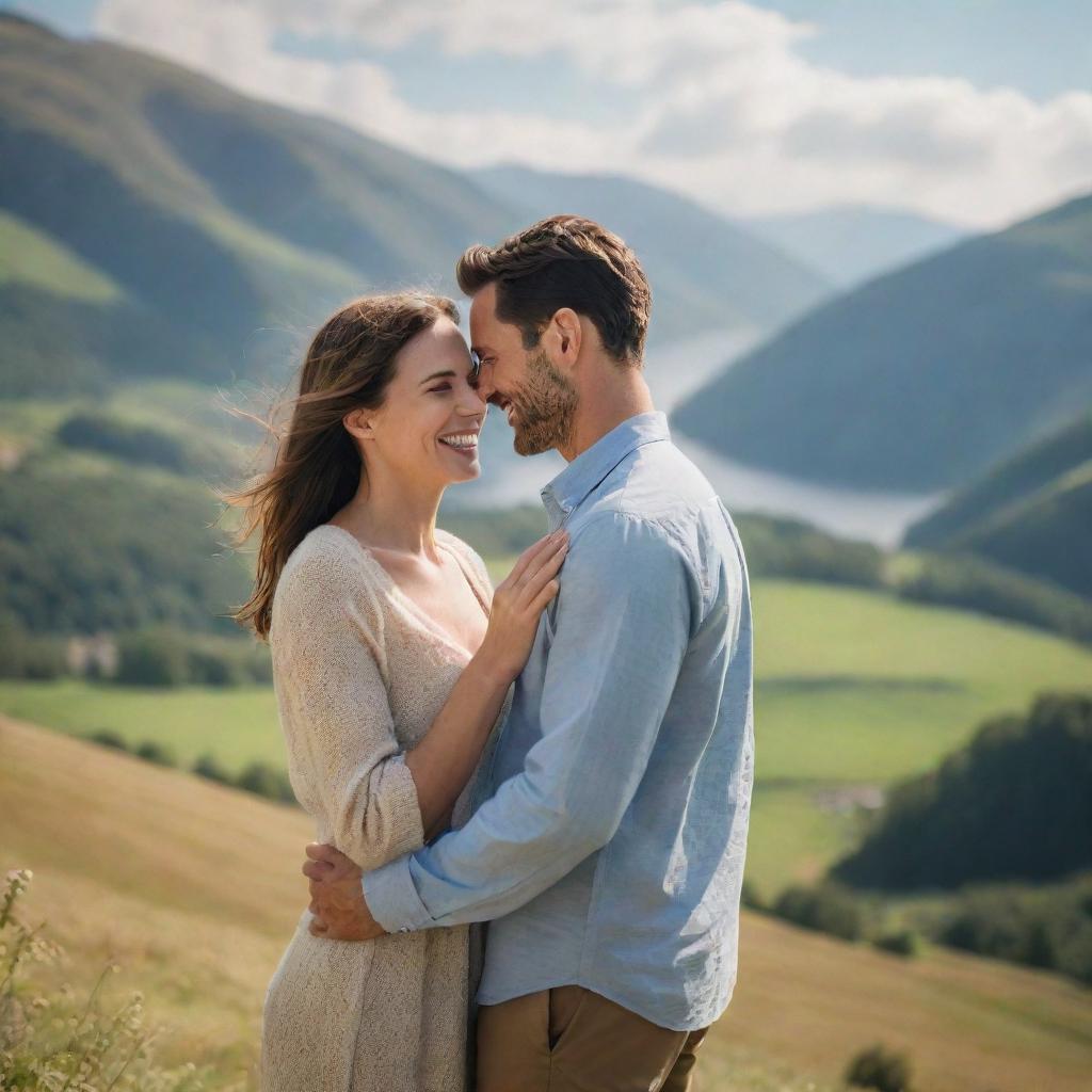 An ultra high definition 8K image of a joyful couple sharing a loving glance, against a scenic backdrop.