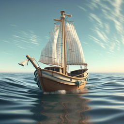 A whimsical bathtub boat with a sturdy sail, navigating through crystal-clear waters, surrounded by gentle waves and a clear sky.