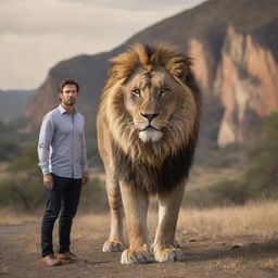 A unique creature, a hybrid of a lion and a tiger, majestically standing beside a brave man in a natural landscape setting.