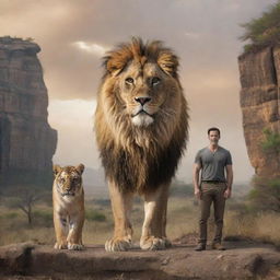 A unique creature, a hybrid of a lion and a tiger, majestically standing beside a brave man in a natural landscape setting.