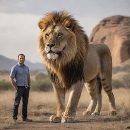 A unique creature, a hybrid of a lion and a tiger, majestically standing beside a brave man in a natural landscape setting.