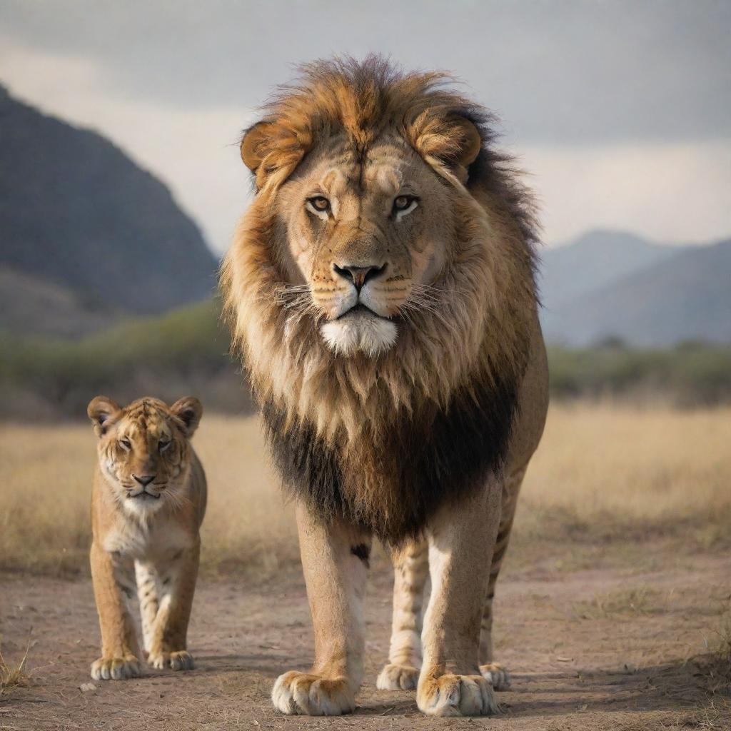 A unique creature, a hybrid of a lion and a tiger, majestically standing beside a brave man in a natural landscape setting.