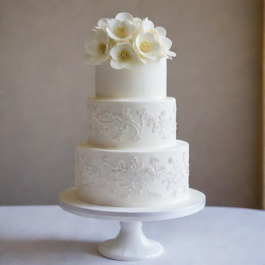 A three-tier white wedding cake with a modern and elegant design, decorated with intricate icing patterns and topped with small, delicate sugar flowers.