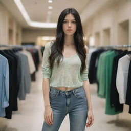 photo shot by sony alpha ii and sony fe 200, a full body woman, in shoping mall watching clothes,23 year old with green eyes and black long hair.,freckles, moda clothes, ultra realist, 4k hd, ultra detailed, natural light,  --style raw--v 5.2,