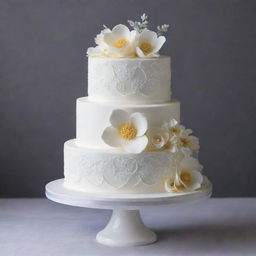 A three-tier white wedding cake with a modern and elegant design, decorated with intricate icing patterns and topped with small, delicate sugar flowers.