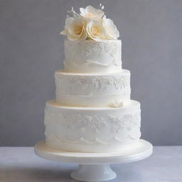 A three-tier white wedding cake with a modern and elegant design, decorated with intricate icing patterns and topped with small, delicate sugar flowers.