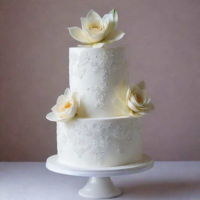 A three-tier white wedding cake with a modern and elegant design, decorated with intricate icing patterns and topped with small, delicate sugar flowers.