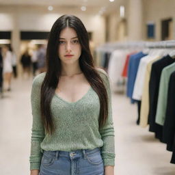 photo shot by sony alpha ii and sony fe 200, a full body woman, in shoping mall watching clothes,23 year old with green eyes and black long hair.,freckles, moda clothes, ultra realist, 4k hd, ultra detailed, natural light,  --style raw--v 5.2,