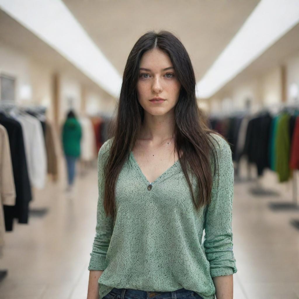 photo shot by sony alpha ii and sony fe 200, a full body woman, in shoping mall watching clothes,23 year old with green eyes and black long hair.,freckles, moda clothes, ultra realist, 4k hd, ultra detailed, natural light,  --style raw--v 5.2,