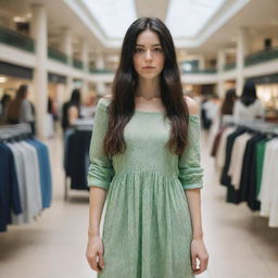 photo shot by sony alpha ii and sony fe 200, a full body woman, in shoping mall watching clothes,23 year old with green eyes and black long hair.,freckles, moda clothes, ultra realist, 4k hd, ultra detailed, natural light,  --style raw--v 5.2,