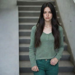 photo shot by sony alpha ii and sony fe 200, a full body woman, in shoping in mechanic stairs,23 year old with green eyes and black long hair.,freckles, moda clothes, ultra realist, 4k hd, ultra detailed, natural light,  --style raw--v 5.2,