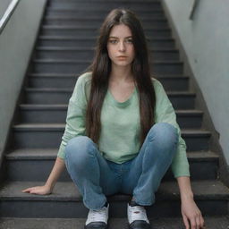 photo shot by sony alpha ii and sony fe 200, a full body woman, in shoping in mechanic stairs,23 year old with green eyes and black long hair.,freckles, moda clothes, ultra realist, 4k hd, ultra detailed, natural light,  --style raw--v 5.2,