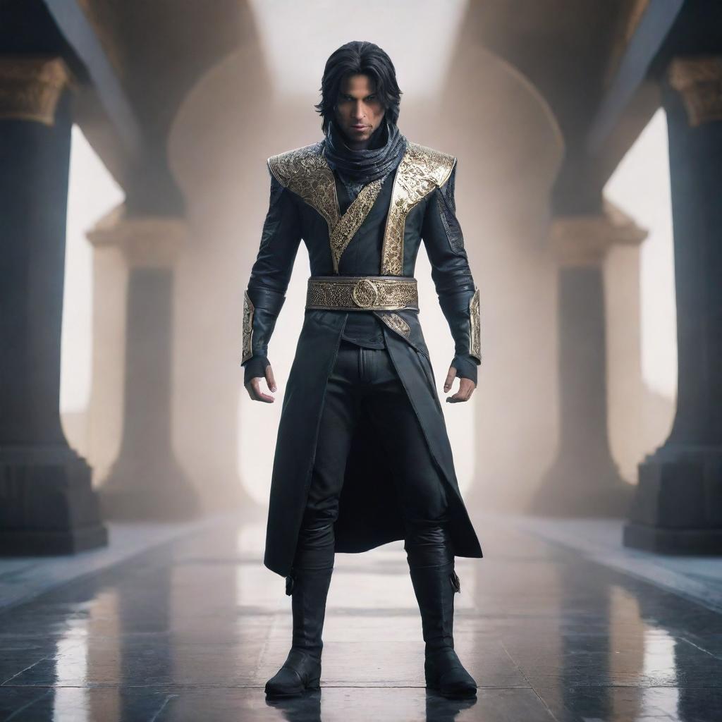 A modern reinterpretation of the Prince character from the video game series 'Prince of Persia', depicted in a futuristic setting with advanced technology and clothing.