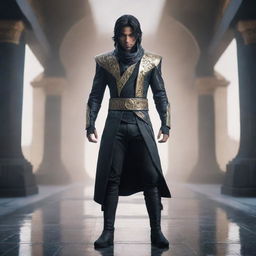 A modern reinterpretation of the Prince character from the video game series 'Prince of Persia', depicted in a futuristic setting with advanced technology and clothing.