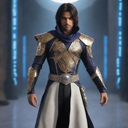 A modern reinterpretation of the Prince character from the video game series 'Prince of Persia', depicted in a futuristic setting with advanced technology and clothing.