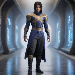 A modern reinterpretation of the Prince character from the video game series 'Prince of Persia', depicted in a futuristic setting with advanced technology and clothing.