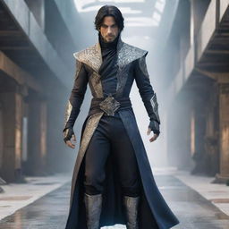 A modern reinterpretation of the Prince character from the video game series 'Prince of Persia', depicted in a futuristic setting with advanced technology and clothing.