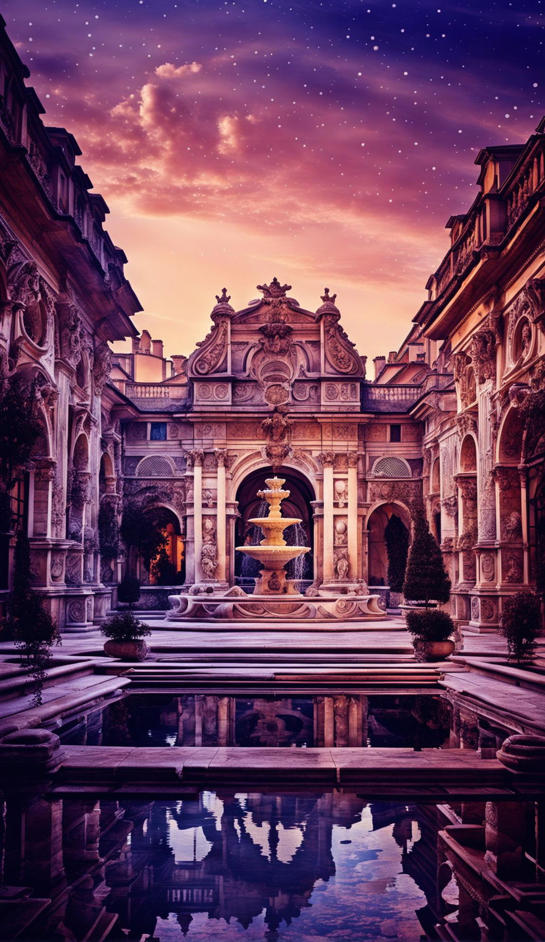 A Baroque-style courtyard at dusk with ornate sculptures, a marble fountain, manicured hedges and flower beds. Tall statues stand at each corner under a sky transitioning from sunset to starlight.