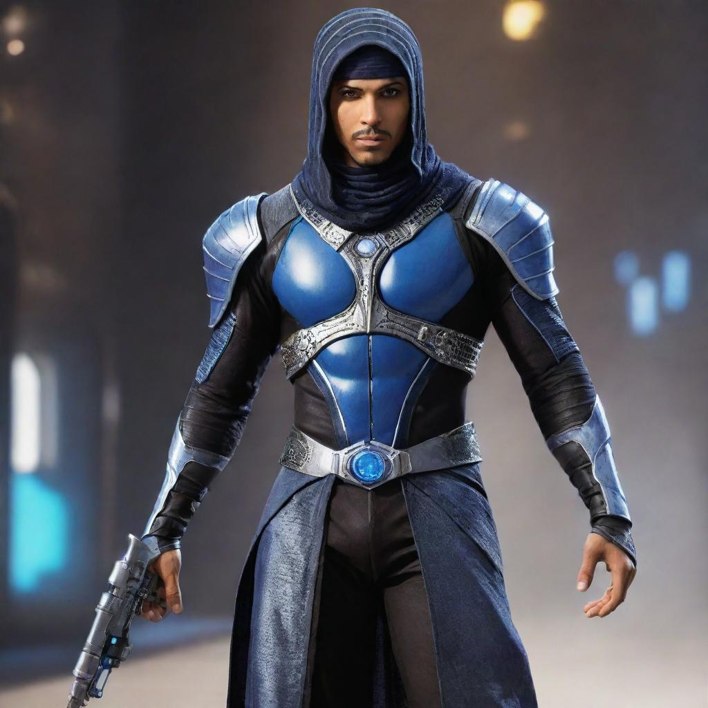 A futuristic version of the lead character from 'Prince of Persia' video game with high-tech gear and futuristic attire.