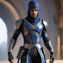 A futuristic version of the lead character from 'Prince of Persia' video game with high-tech gear and futuristic attire.