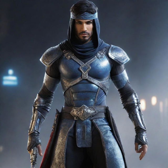 A futuristic version of the lead character from 'Prince of Persia' video game with high-tech gear and futuristic attire.