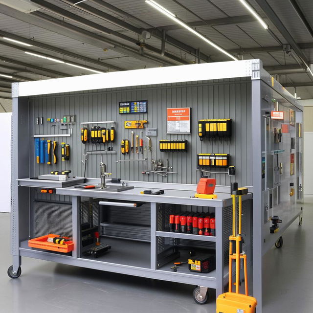 Scale model of a 25x15 feet battery repair service center, detailed with a tool trolley, front-facing rack, a side workbench, and a detailed battery parts diagram on the wall.