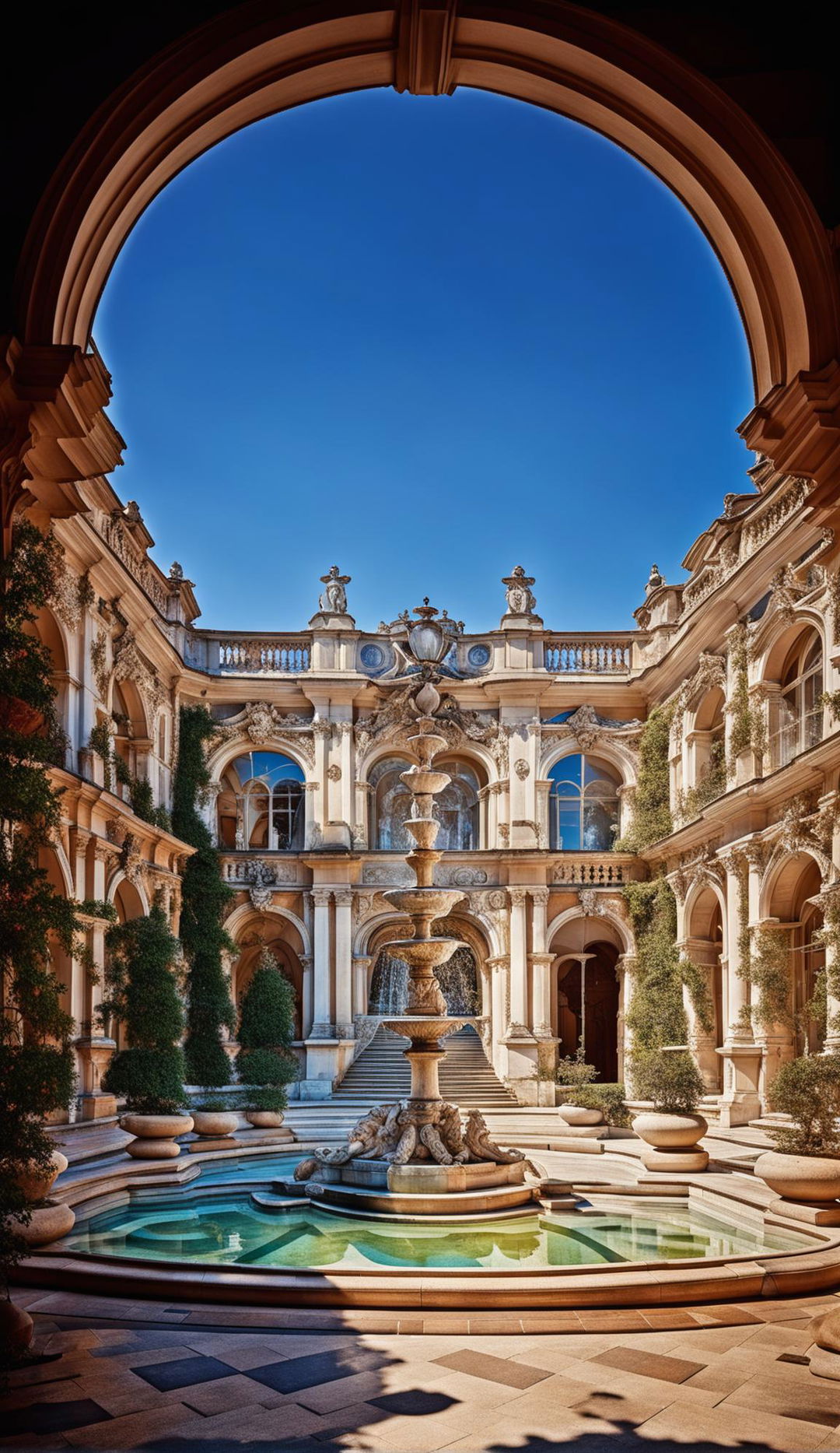 A Baroque-style courtyard under a clear summer sky with ornate sculptures, a marble fountain, manicured hedges and flower beds. Tall statues stand at each corner under a brilliant blue sky.