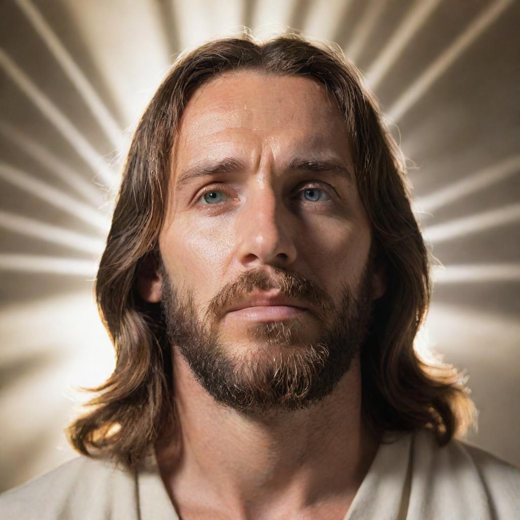 A respectful portrait of Jesus Christ in a peaceful setting, surrounded by light rays.