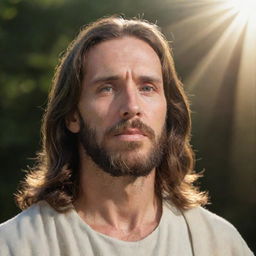 A respectful portrait of Jesus Christ in a peaceful setting, surrounded by light rays.