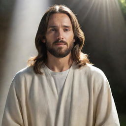 A respectful portrait of Jesus Christ in a peaceful setting, surrounded by light rays.