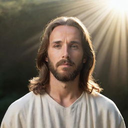 A respectful portrait of Jesus Christ in a peaceful setting, surrounded by light rays.