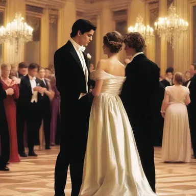 The protagonist covetously watched as his beloved danced with another person at the romantic ball.