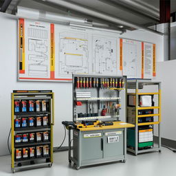 Scale model of a 25x15 feet battery repair service center, detailed with a tool trolley, front-facing rack, a side workbench, and a detailed battery parts diagram on the wall.