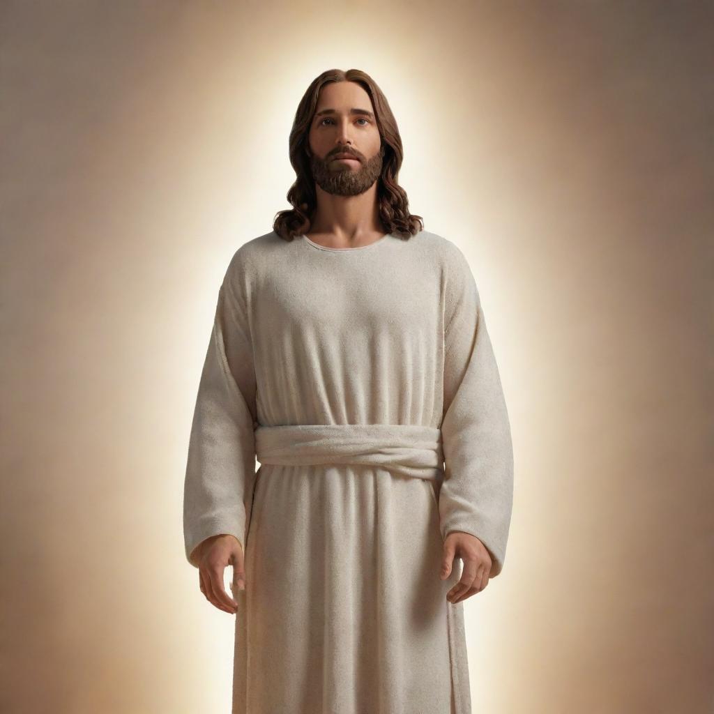 A 3D rendering of Jesus Christ standing serenely, surrounded by a soft, heavenly glow.