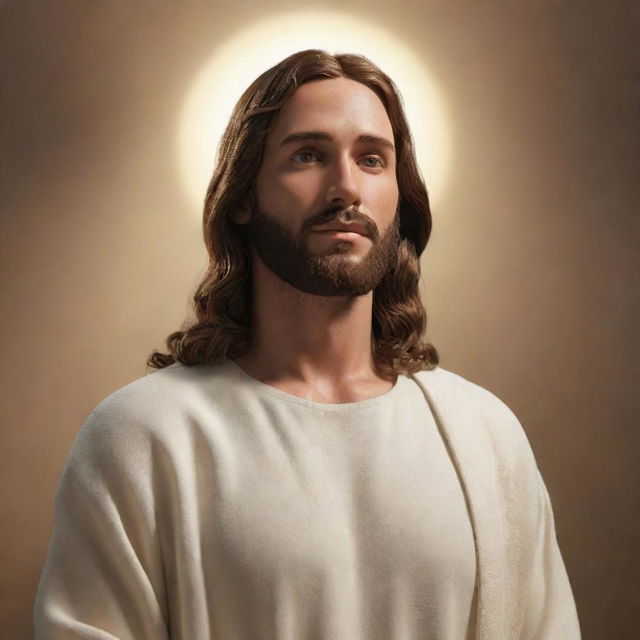 A 3D rendering of Jesus Christ standing serenely, surrounded by a soft, heavenly glow.