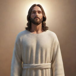 A 3D rendering of Jesus Christ standing serenely, surrounded by a soft, heavenly glow.