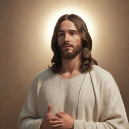 A 3D rendering of Jesus Christ standing serenely, surrounded by a soft, heavenly glow.