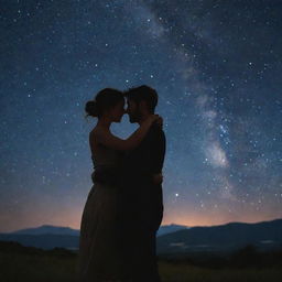 A romantically entwined couple standing closely under a starry night sky, their hands gently holding each other in loving intimacy.